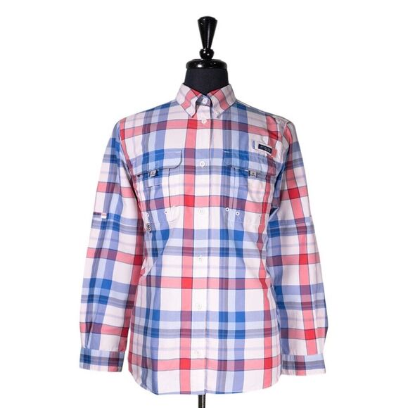 Columbia PFG Super Bahama Womens Shirt Blue Red Plaid Roll Tab Sleeve Large - Picture 1 of 10